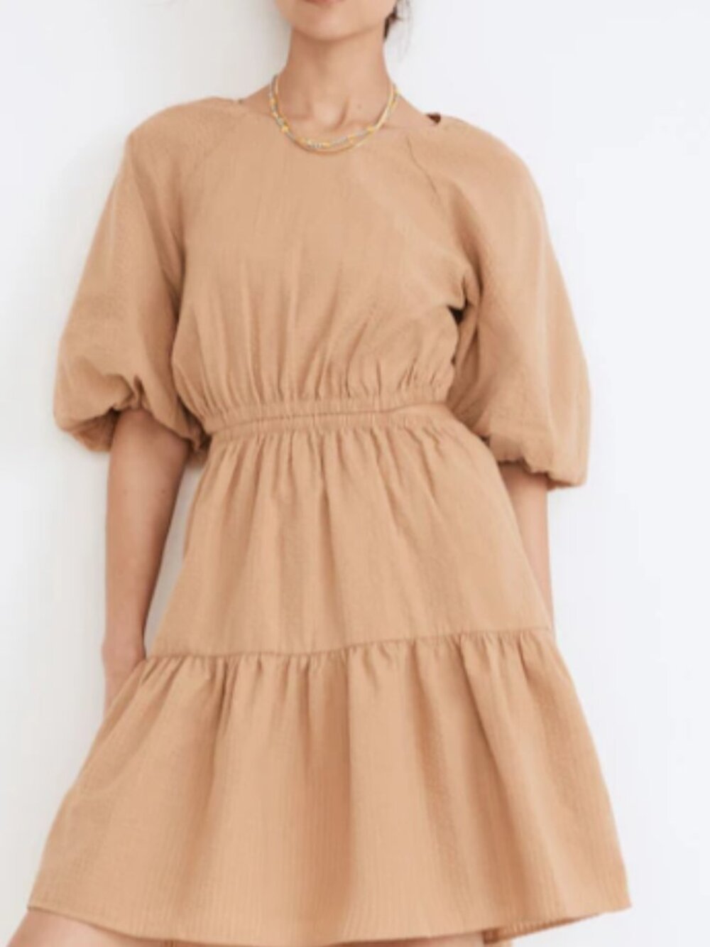 ✨ Madewell Seersucker Puff Sleeve Cutout Mini Dress Khaki Tan Size M✨